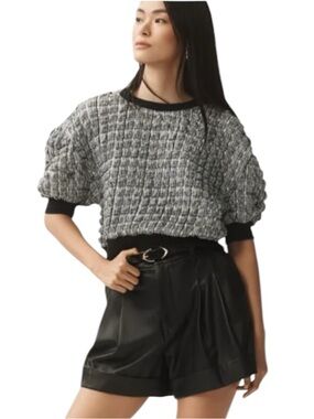 Anthropologie Maeve Puff Sleeve Black/White Textured Blouse Size Large